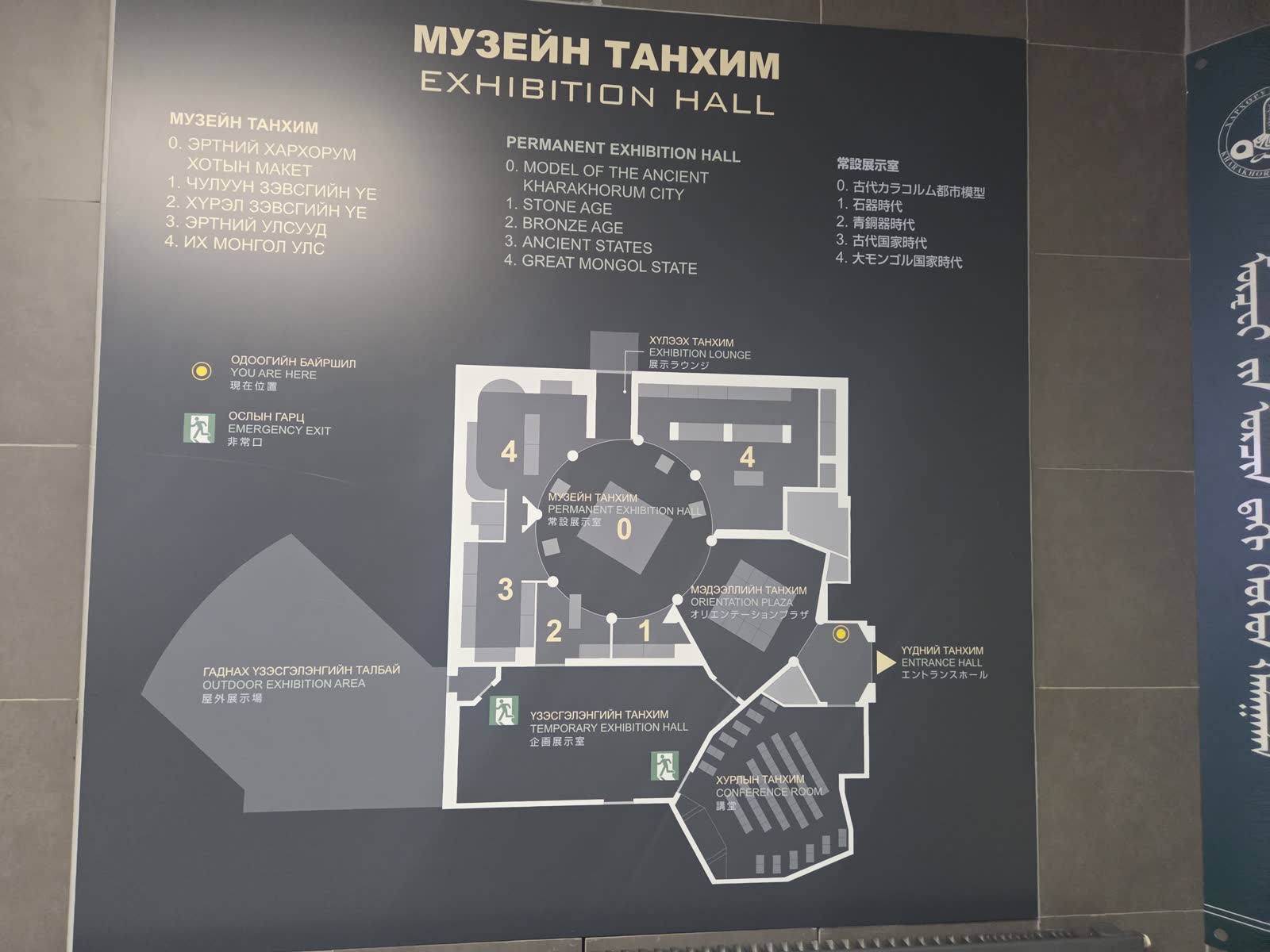 展示室の配置を示す館内図。モンゴル語・英語・日本語の3言語で表記されている
